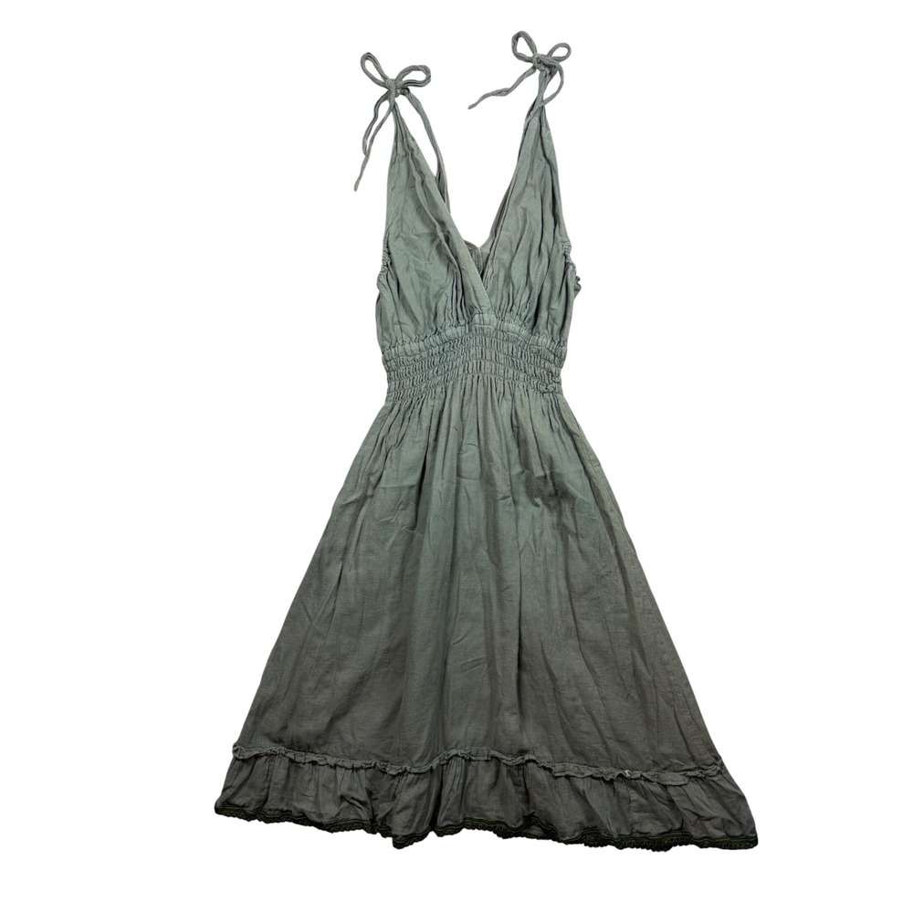 Earthtones Imports Sage Green Smocked Waist Tie Shoulder Boho Midi Dress Small